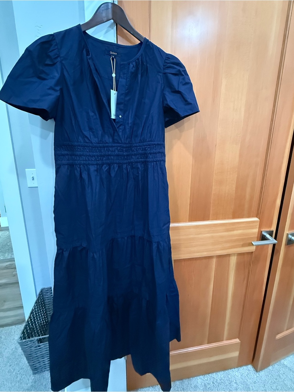 Women's 100% Organic Cotton Poplin Tiered Maxi Dress - Navy Blue size Medium